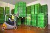 Forklift driver with fruit crates in cold storage warehouse