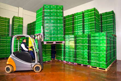 Forklift driver with fruit crates in cold storage warehouse