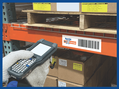 freezer-grade warehouse location label with barcode scanner