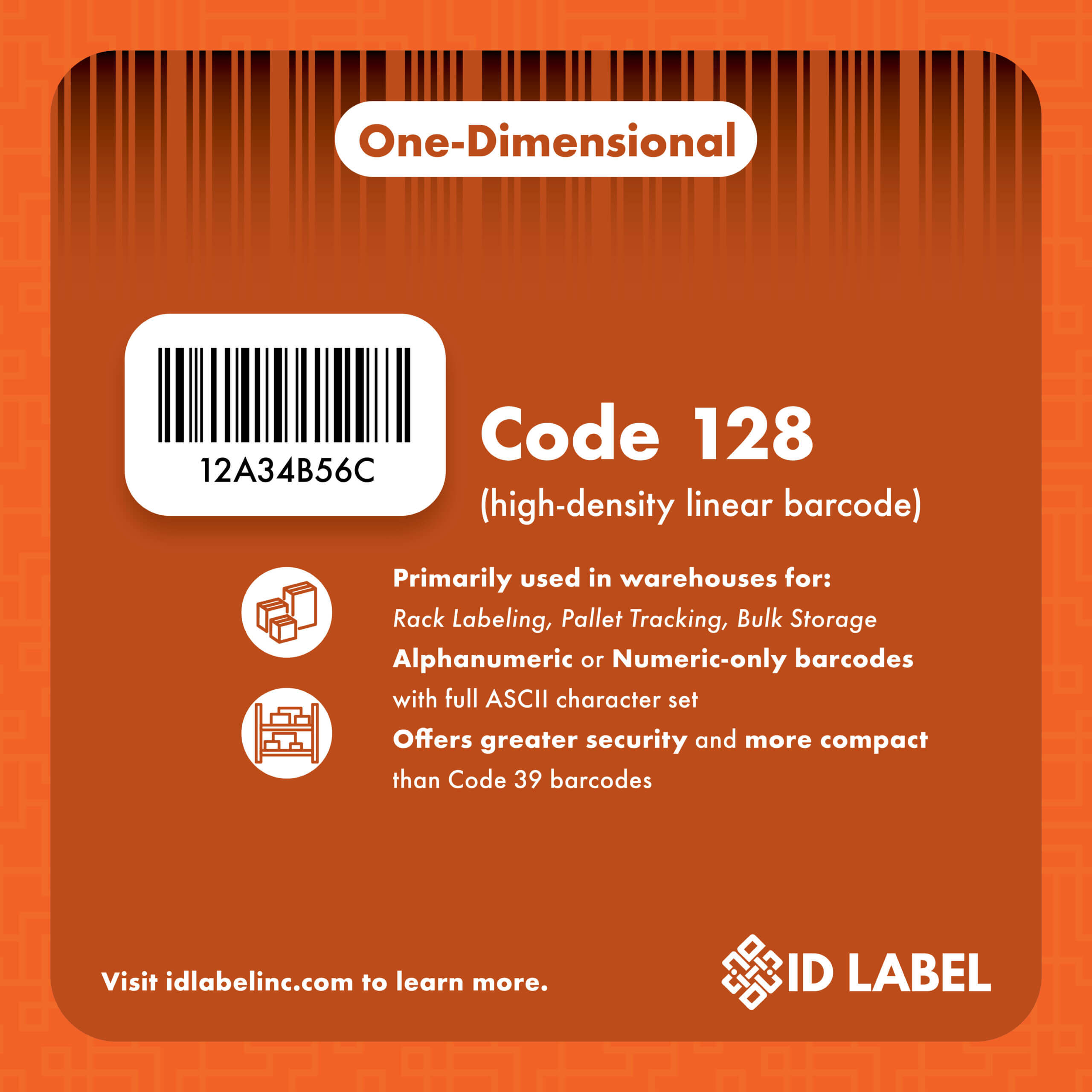 An orange image with a one-dimensional black and white barcode with ideal uses of Code 128 symbology.